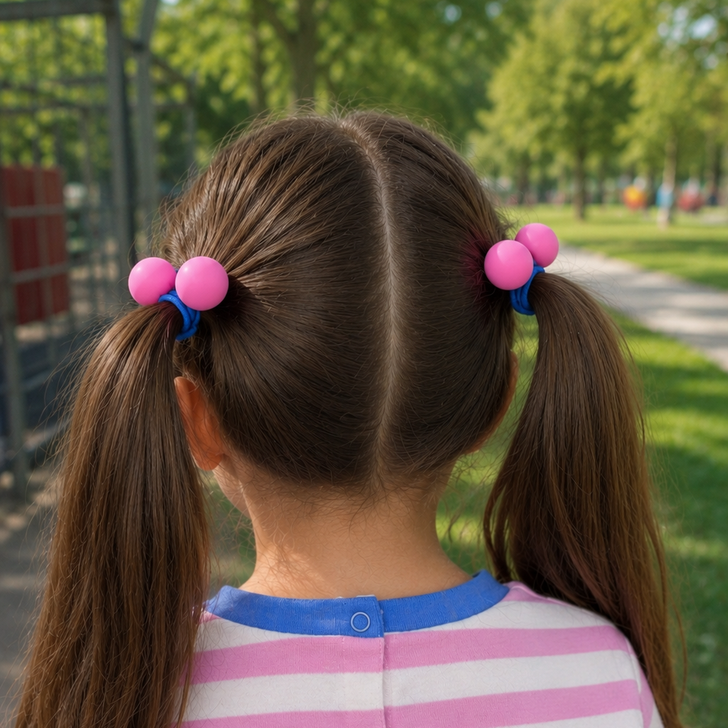 Child with pigtails wearing a pink and white striped shirt in a park.