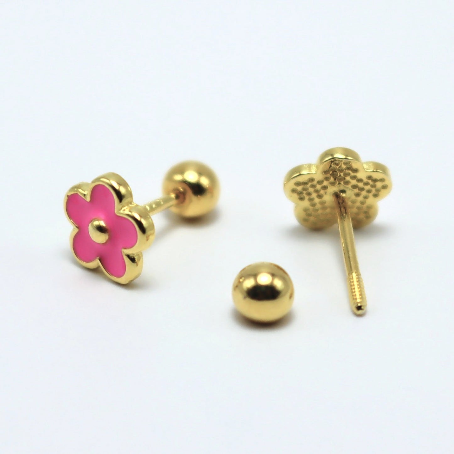 14K gold-plated flower earrings with pink enamel, featuring a secure ball screw-back for kids and babies.