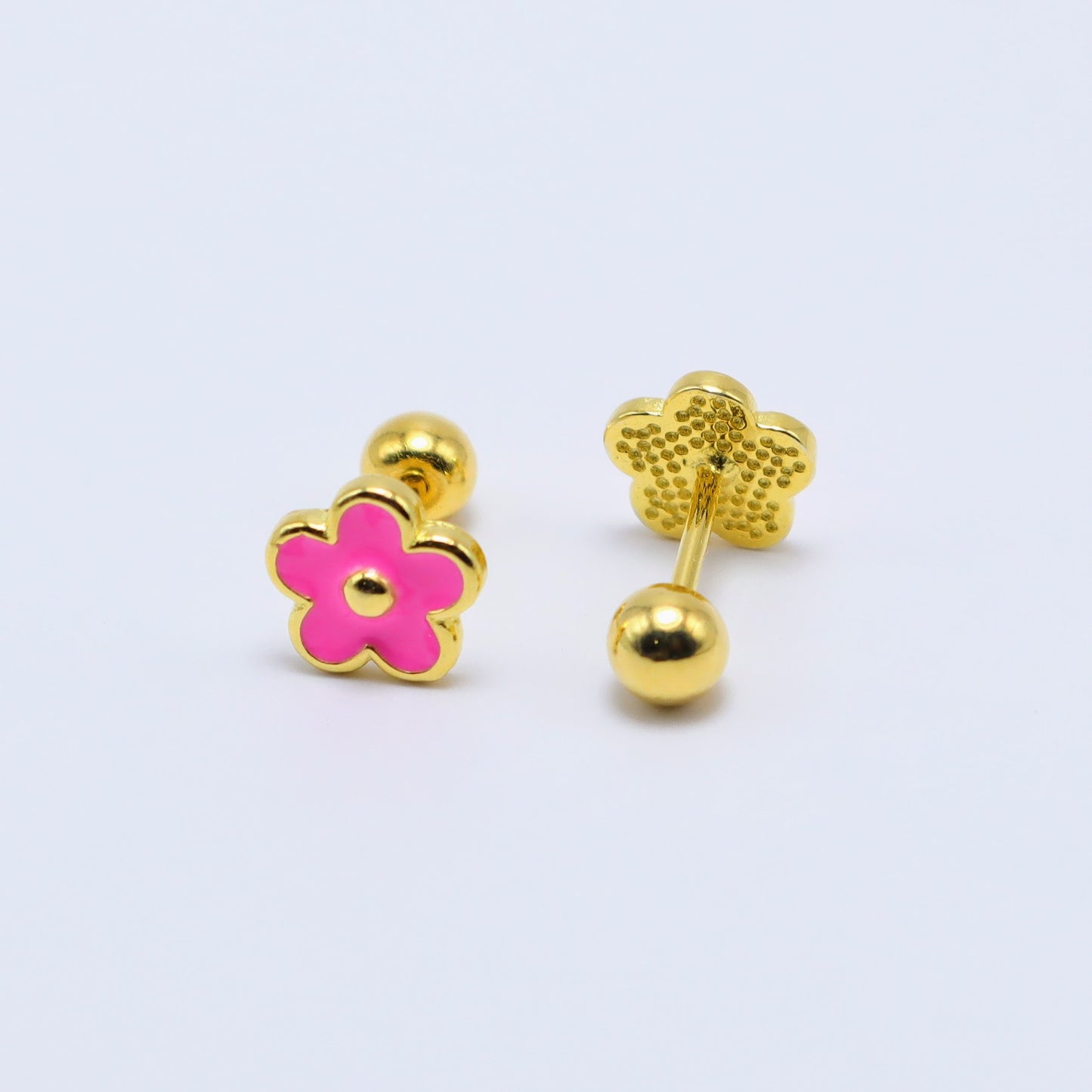 14K gold-plated sterling silver flower earrings with pink enamel, secure ball screw-back for kids.