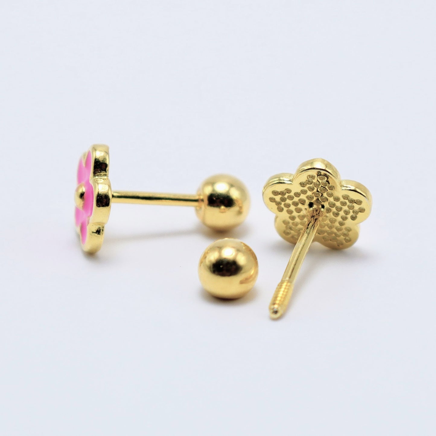 14K gold-plated flower earrings with pink enamel detail, featuring secure ball screw-back design for comfort and safety.