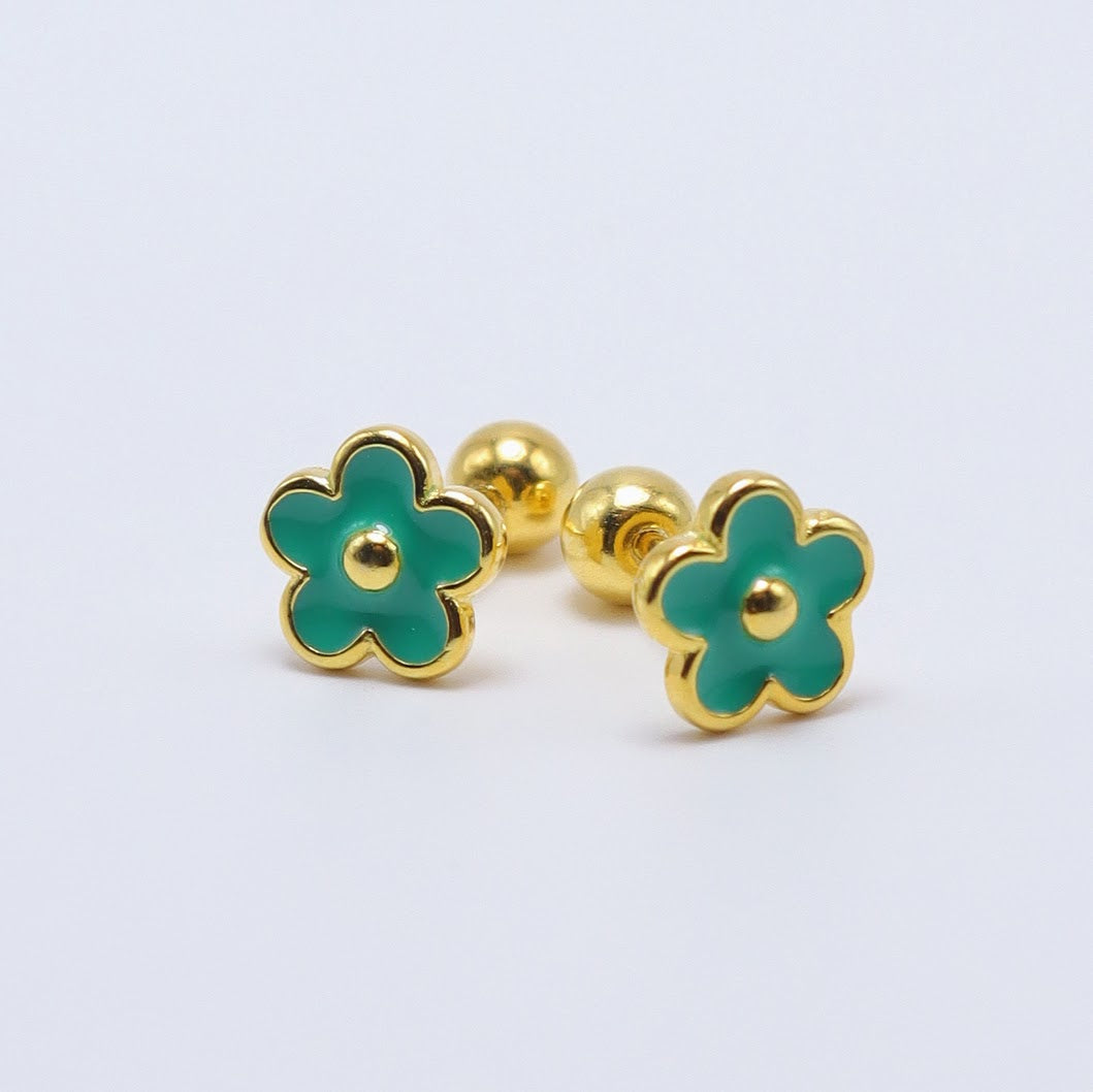 14K gold-plated earrings with green enamel flower design, perfect for kids, hypoallergenic and secure ball screw-back.