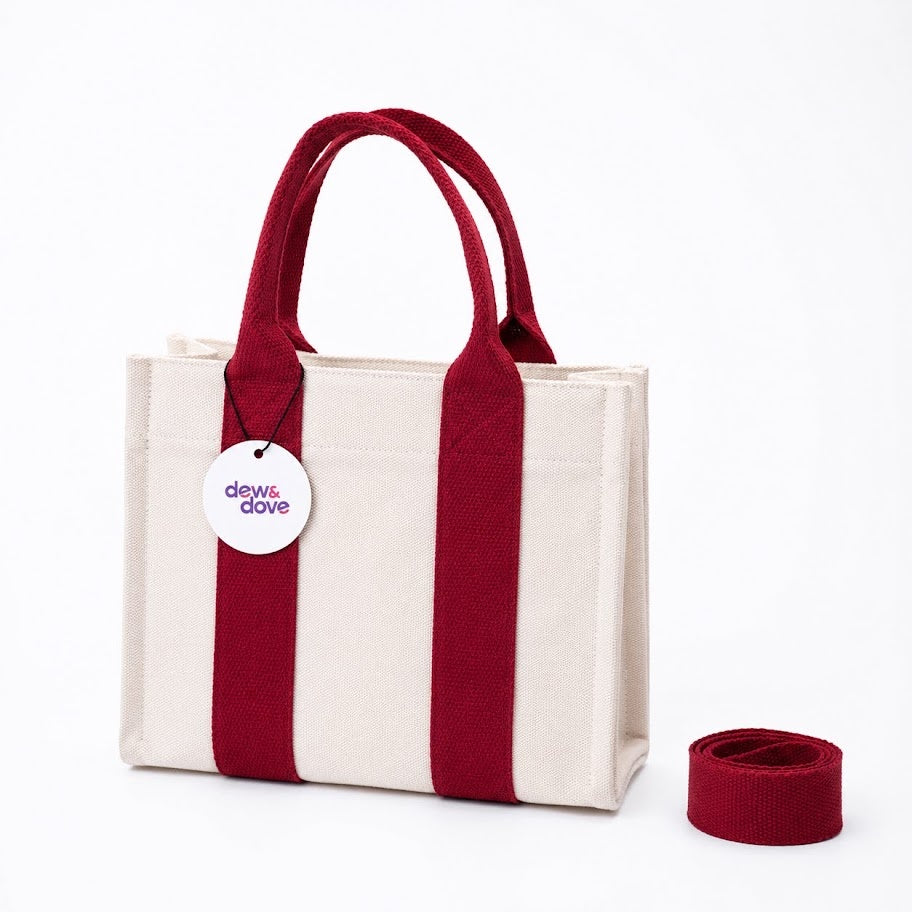 Dew & Dove cotton canvas tote bag with red straps and detachable shoulder strap