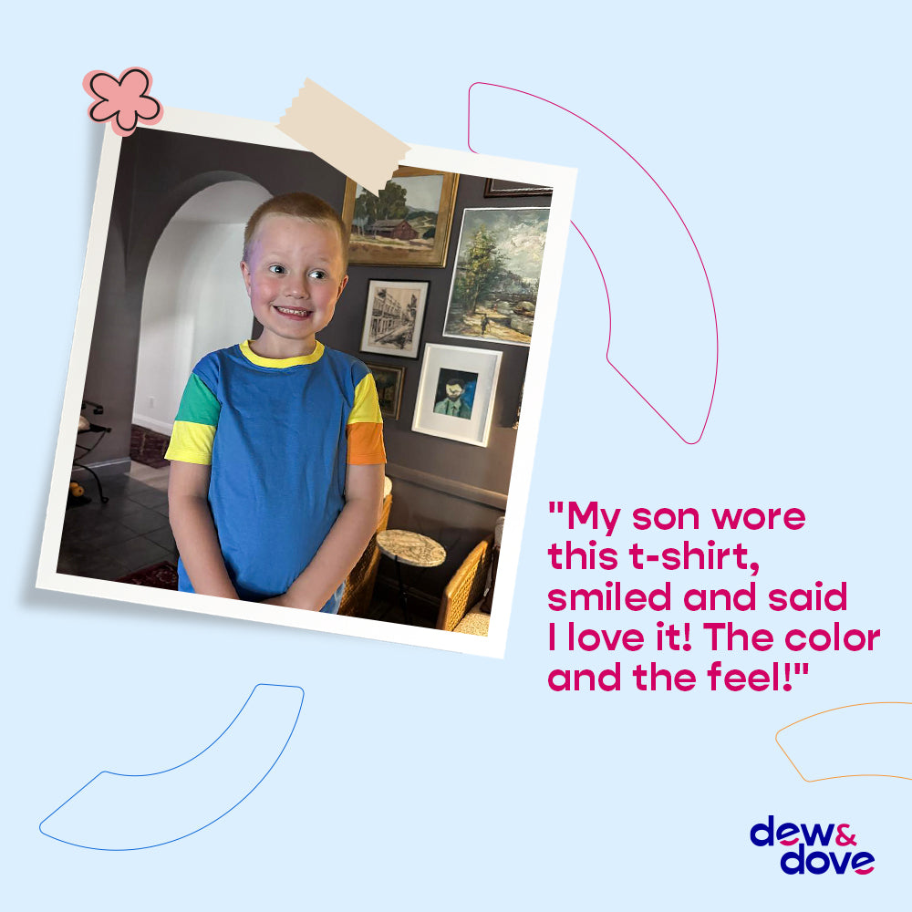 Child wearing colorblock organic t-shirt by Dew and Dove