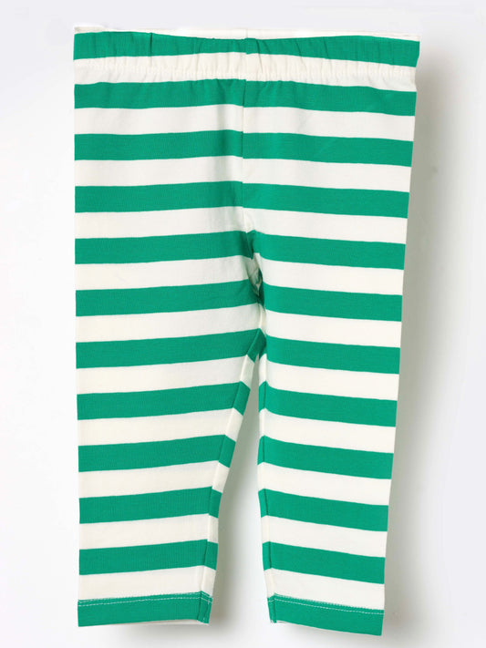 Child wearing pink and white striped organic cotton leggings by Dew and Dove