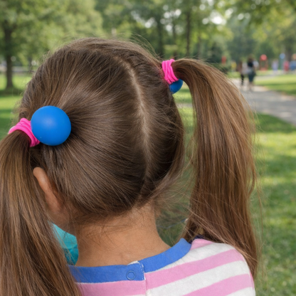 Child with pigtails wearing colorful hair ties in a park