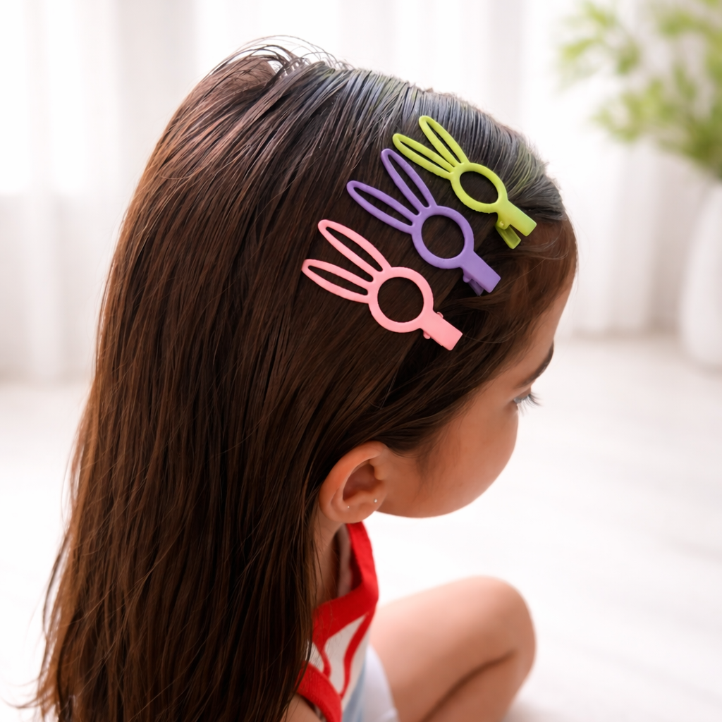 Three bunny-shaped hair clips in pink, purple, and green shown on a child's brown hair in a softly lit indoor setting.