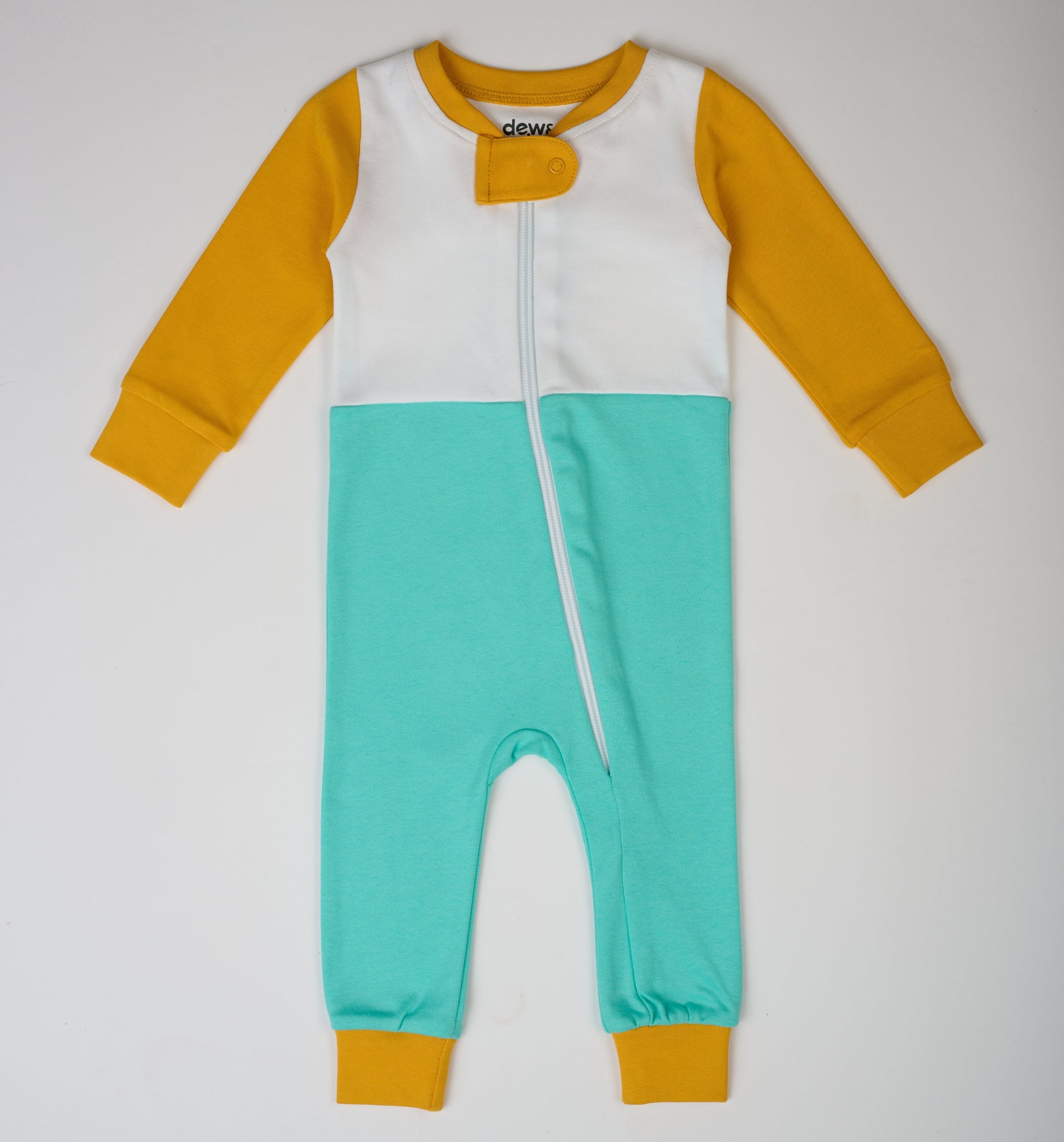 Long Sleeve Sunny Teal Zip Romper – GOTS organic cotton kids clothing by Dew & Dove