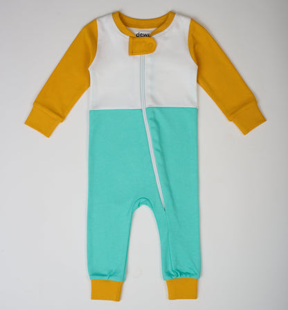 Long Sleeve Sunny Teal Zip Romper – GOTS organic cotton kids clothing by Dew & Dove