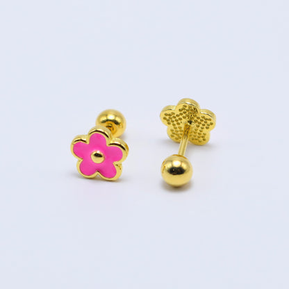 14K gold-plated sterling silver flower earrings with pink enamel, secure ball screw-back for kids.