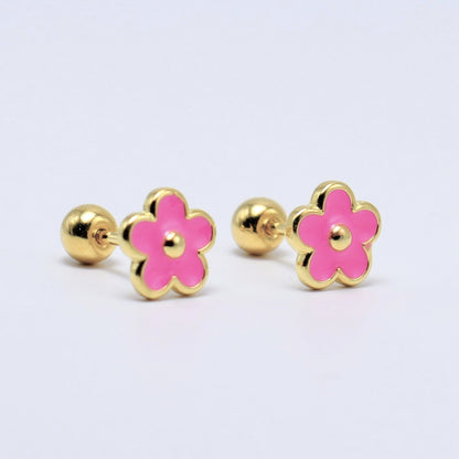 Dainty flower earrings, 14K gold-plated with pink enamel, perfect for kids. Secure ball screw-back, hypoallergenic design.