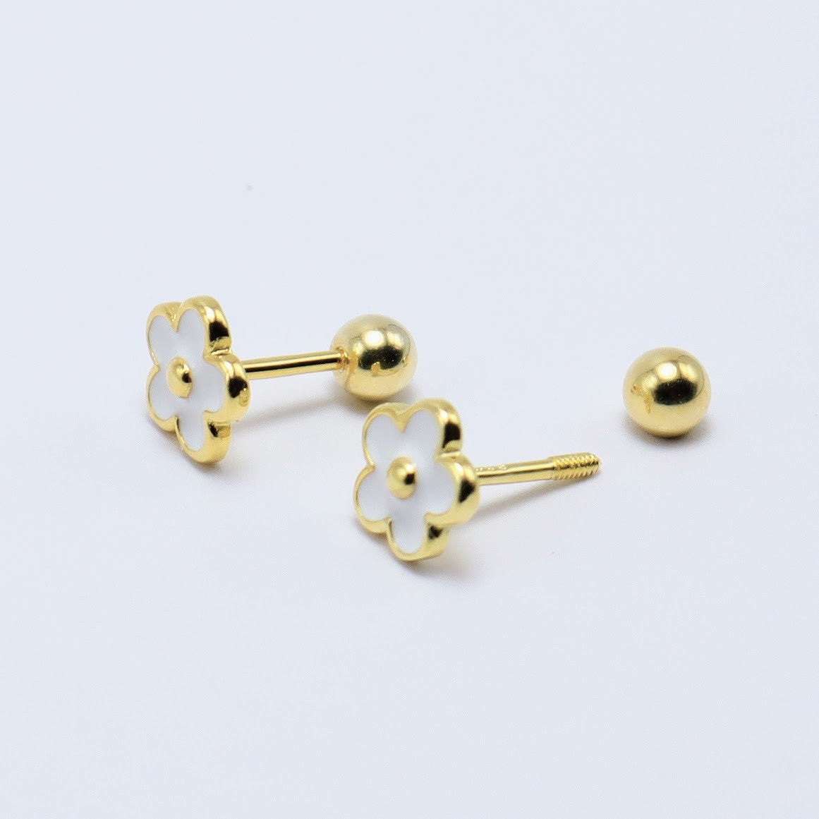 Delicate 14K gold-plated flower earrings with white enamel, perfect for kids and secure ball screw-back design.