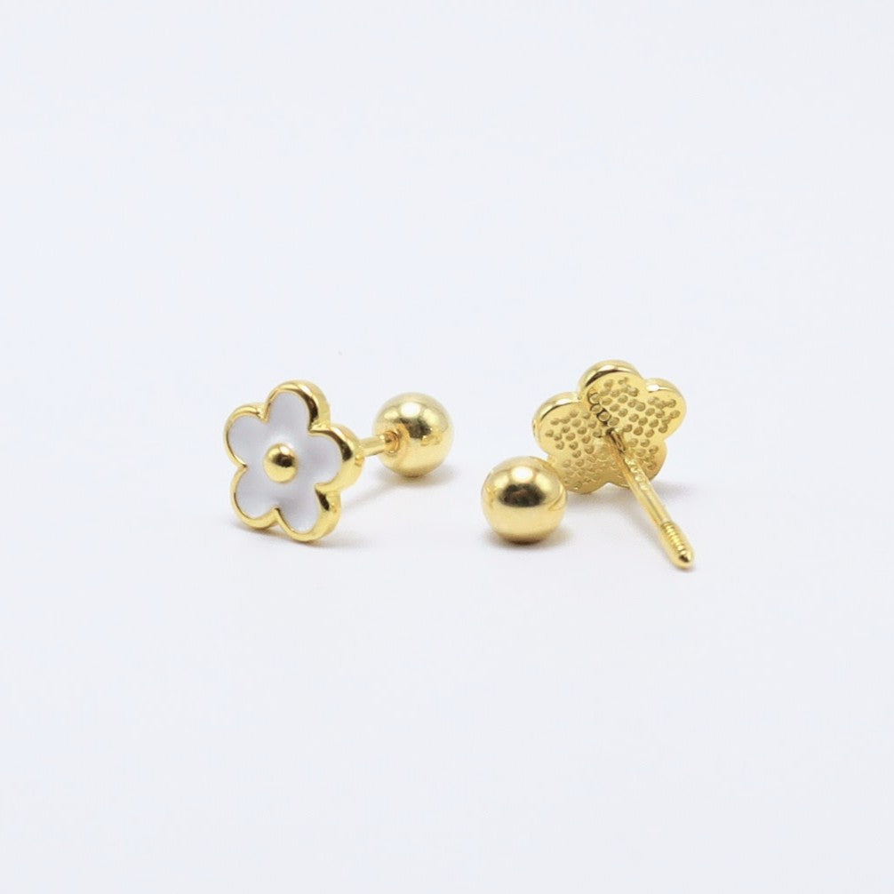 14K gold-plated flower earrings with enamel design, perfect for kids and babies, featuring secure ball screw-back.
