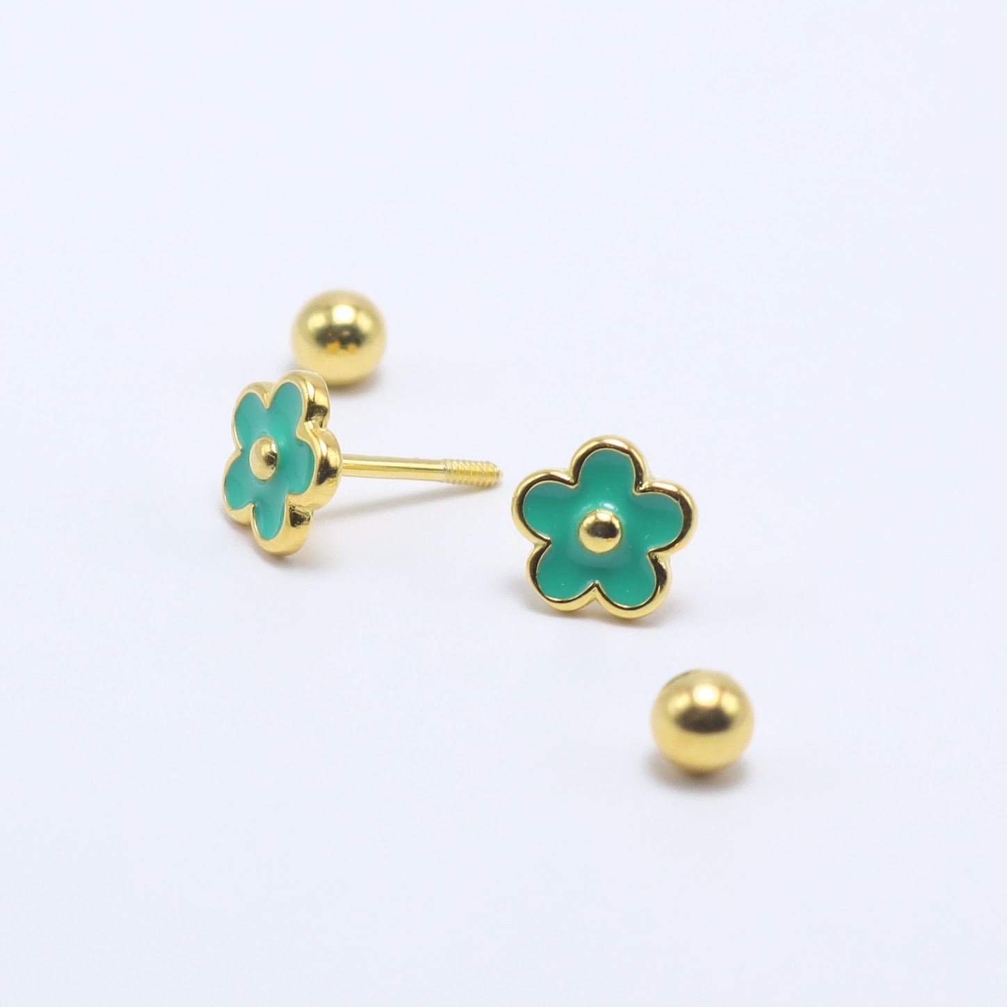 Delicate 14K gold-plated flower earrings with turquoise enamel, ideal for kids and babies, featuring secure screw-back closure.