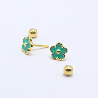 Delicate 14K gold-plated flower earrings with turquoise enamel, ideal for kids and babies, featuring secure screw-back closure.