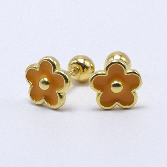 14K gold-plated flower earrings with enamel detail, dainty design for kids, hypoallergenic and secure ball screw-back.