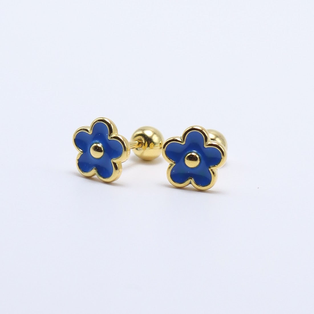 14K gold-plated flower earrings with blue enamel, perfect for kids. Hypoallergenic and secure ball screw-back design.