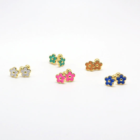 Colorful 14K gold-plated flower earrings featuring enamel designs in various colors, perfect for kids and delicate ears.