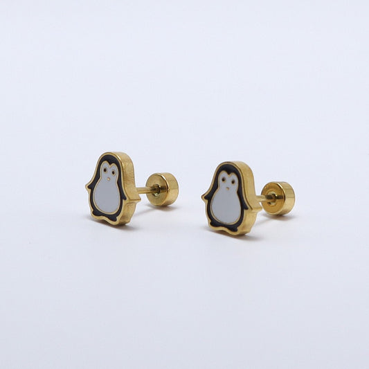 Delicate gold-plated earrings featuring cute penguin design, hypoallergenic and perfect for kids.