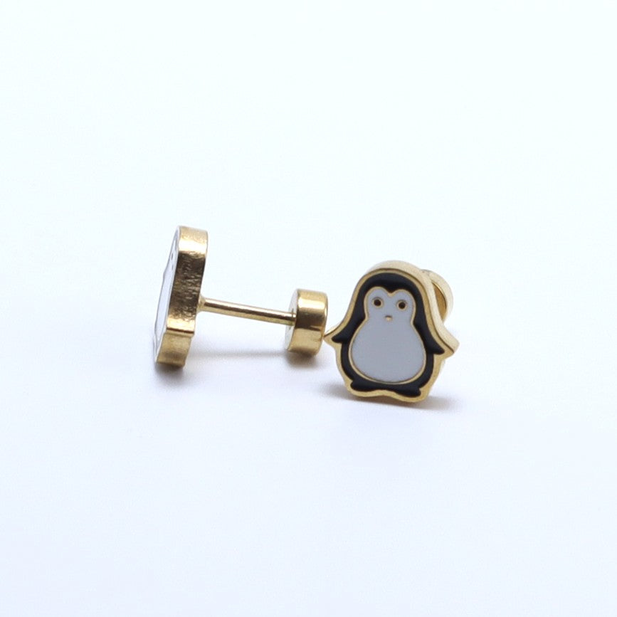 Gold-plated penguin earrings for kids, hypoallergenic with secure screw back, perfect gift for little ones.