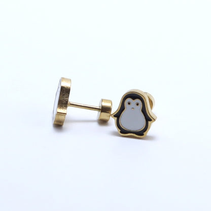 Gold-plated penguin earrings for kids, hypoallergenic with secure screw back, perfect gift for little ones.