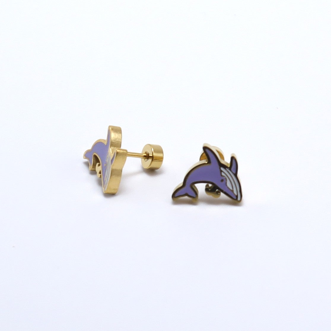 14K gold-plated earrings featuring a cute dolphin design, secure flat back screw, hypoallergenic, perfect for kids.