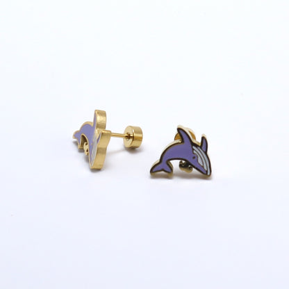 14K gold-plated earrings featuring a cute dolphin design, secure flat back screw, hypoallergenic, perfect for kids.