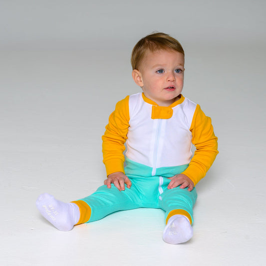 Long Sleeve Sunny Teal Zip Romper – GOTS organic cotton kids clothing by Dew & Dove
