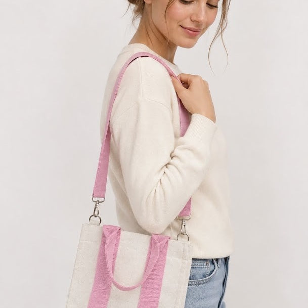 Dew & Dove cotton canvas tote bag with pink detachable shoulder strap