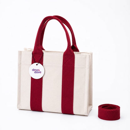 Dew & Dove cotton canvas tote bag with red straps and detachable shoulder strap