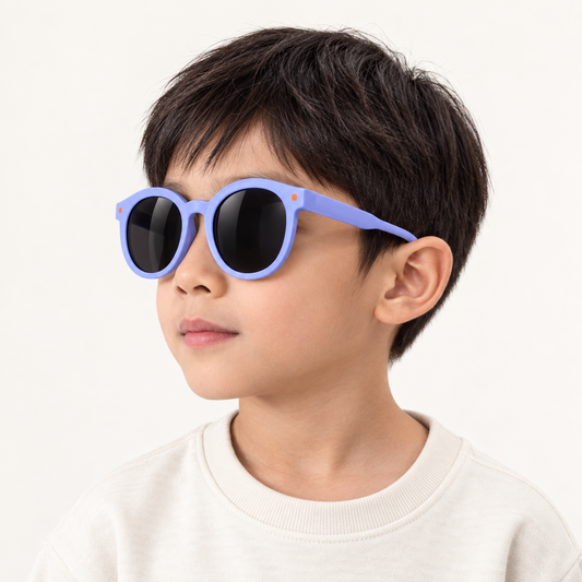 Kid wearing blue and orange round sunglasses