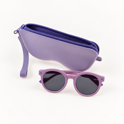 Pink and purple kids round sunglasses with zip pouch