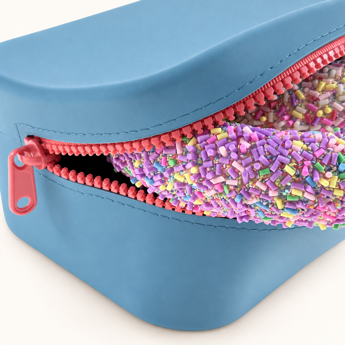Dew & Dove Color Pop Silicone Zip Pouch in Sky Pop with coral zipper, open with accessories