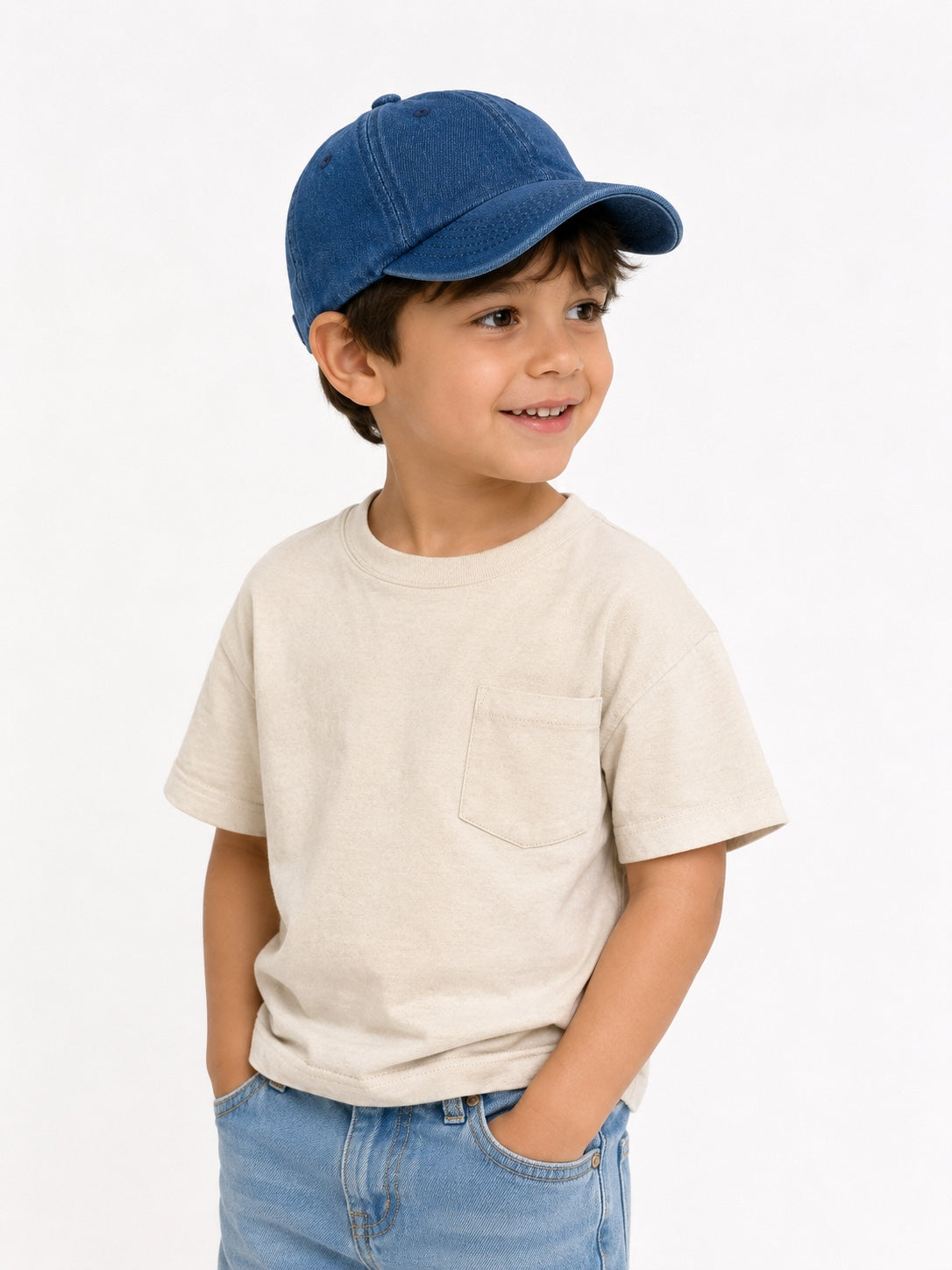 Child wearing Dew & Dove vintage wash denim blue kids baseball cap
