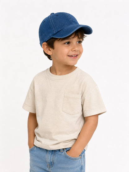 Child wearing Dew & Dove vintage wash denim blue kids baseball cap